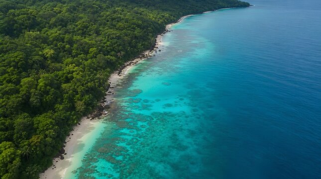 Aerial view of a lush tropical forest meeting clear turquoise ocean and coral reefs along a secluded beach, perfect for travel, conservation, or resort marketing.