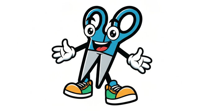 This image features a friendly, anthropomorphized cartoon mascot based on a pair of blue scissors. The character has a cheerful smiling face, arms, and legs, and is shown with an open-armed gesture, 