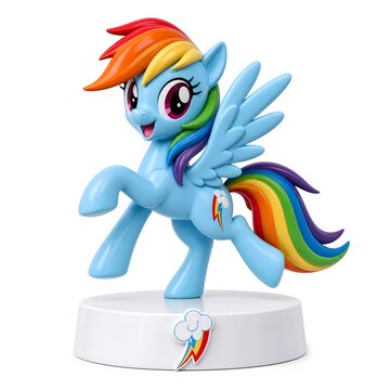 3D rendered stylized figurine of Rainbow Dash character from My Little Pony, isolated on white background, collectible toy concept