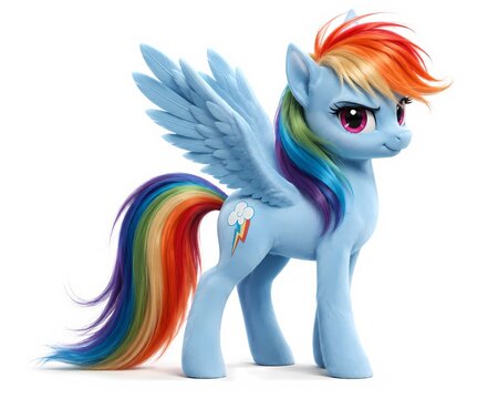 High-quality 3D rendered stylized figurine of Rainbow Dash from My Little Pony, isolated on white background, cinematic studio shot, collectible toy concept