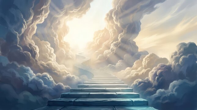 Stone stairs ascending into luminous sky through swirling clouds and divine light rays.