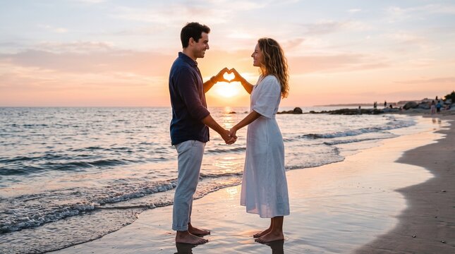 Happy Couple Making Heart Shape on Beach at Sunset