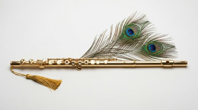 Shiny gold flute with peacock feathers and tassel on white background