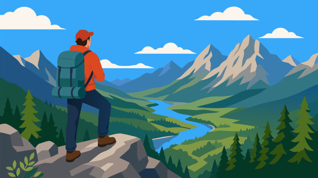 Backpacker hiker standing on rocky mountain cliff overlooking scenic valley with winding river, snow-capped peaks and pine forests, vector travel adventure illustration with blue sky and clouds