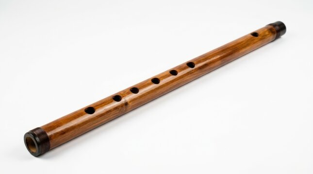 Traditional handcrafted wooden flute on bright white studio background