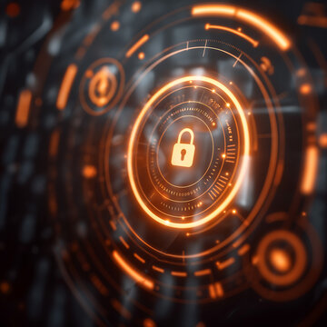 A futuristic orange abstract technology network background with digital security circles, representing the concept of data leak protection.
