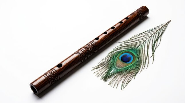Traditional wooden flute with peacock feather on white studio background