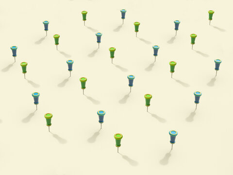 3D rendering of symbolic green and blue pins casting shadows