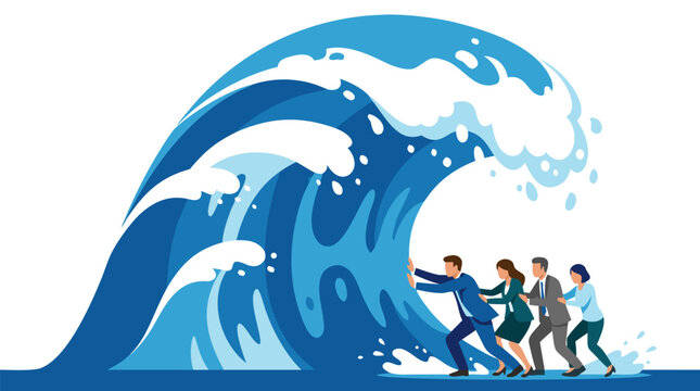 Vector illustration of diverse business team pushing against giant towering ocean wave, symbolizing corporate challenges, teamwork, resilience, crisis management, and overcoming obstacles in modern