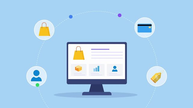 Animated flat vector motion graphic featuring an AI user profile dashboard on a desktop monitor with account, security, payment card, and identification icons. Ideal for user management and artificial