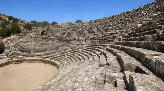 Ancient stone amphitheater with curved seating and arena under a clear blue sky, useful for travel, archaeology, history, and heritage tourism promotions.