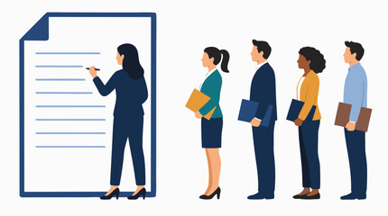 Obraz premium Professional Businesswoman Writing on Large Document While Diverse Line of Job Applicants Wait with Folders, Corporate Hiring Process, Recruitment Interview, Flat Bold Color Vector Illustration