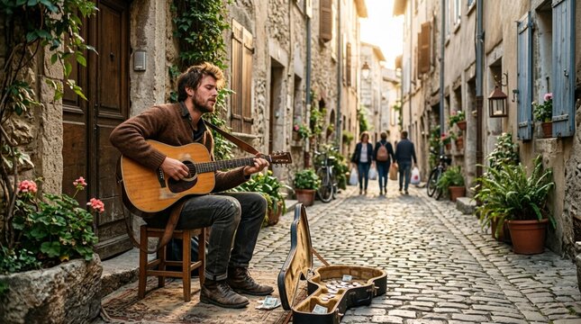A young street musician plays acoustic guitar beside an open case on a cobblestone village lane, suited to travel, culture, and busking lifestyle campaigns.