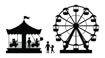 Amusement park silhouette ferris wheel and carousel with people vector illustration © AkhiKhanam