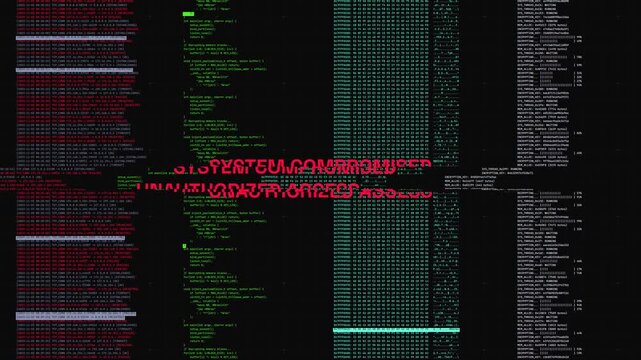 Cybersecurity terminal interface showing system compromised alert with scrolling hex code data and digital noise.