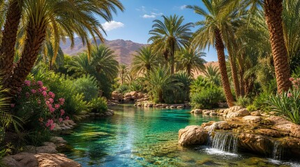 Fototapeta premium A clear turquoise oasis with palm trees, rocks, flowers, and a small waterfall sits below desert mountains, perfect for travel, resort, or tropical escape promotions.