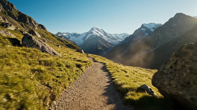 A scenic gravel footpath winds through lush green alpine meadows toward towering jagged peaks beneath a bright clear blue sky during a warm sunny afternoon in the spectacular high mountain