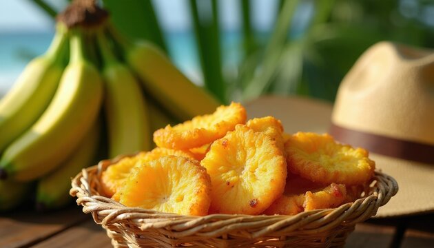 Crispy golden fried plantain slices served in woven palm basket on wooden table. Fresh green bananas, straw hat sit beside snack outdoors near ocean. Tropical beach scenery provides bright sunny