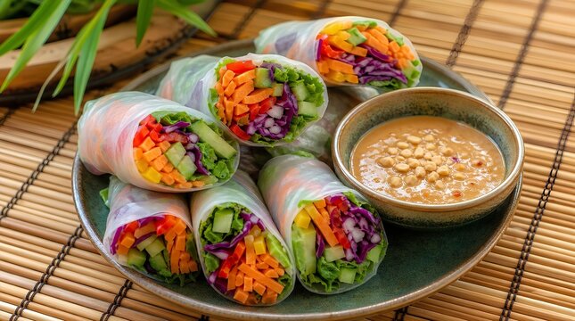 Fresh rainbow vegetable spring rolls with peanut dipping sauce on a plate over a bamboo mat offer a bright vegan lunch or appetizer concept.
