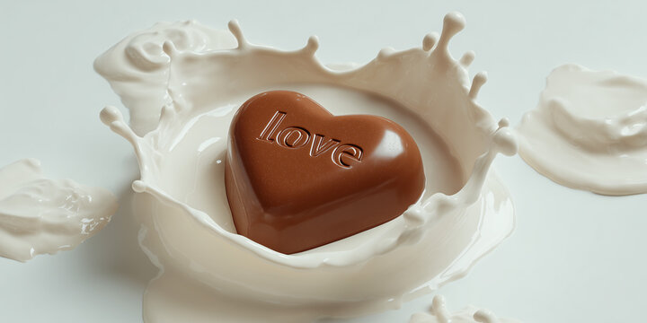 A heart-shaped chocolate with the word love etched on it splashes into creamy milk, creating a delightful swirl