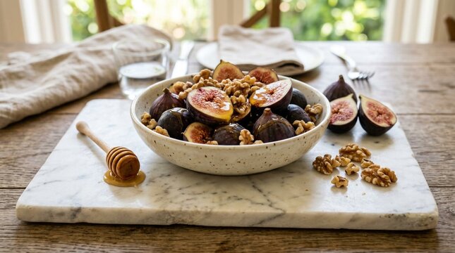 A bowl of fresh figs topped with walnuts and honey rests on a marble board with a honey dipper, suited for healthy breakfast or gourmet appetizer marketing.