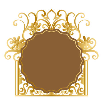 Circular frame with abstract vintage line design, classic gold elements, and flowers.