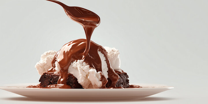 A delicious dessert with a scoop of ice cream and whipped cream, topped with rich chocolate sauce being drizzled from a spoon. This sweet treat is served on a plate, ready to be savored.