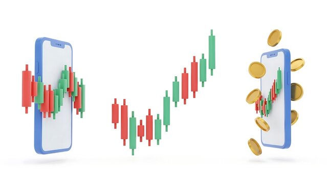 A 3D illustration of two smartphones displaying stock market charts with coins emerging from one, symbolizing financial growth and success.