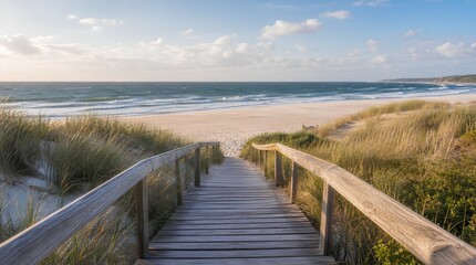 Obraz premium A wooden boardwalk leads through grassy dunes to a wide sandy beach and rolling ocean waves, perfect for coastal travel, relaxation, and nature retreat promotions.