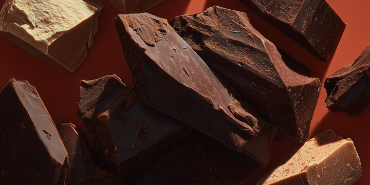 Chunks of dark and milk chocolate, artfully arranged on a warm orange background. The texture of the chocolate is visible, showcasing its rich and delicious nature