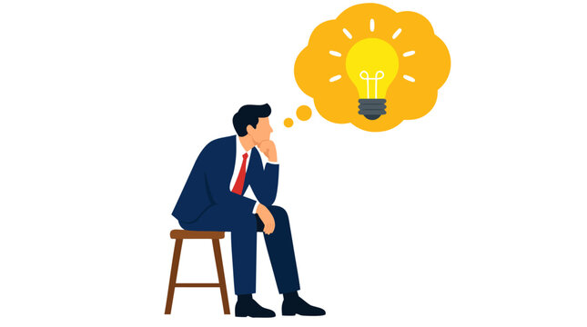 Flat Vector Illustration of a Professional Businessman in a Navy Blue Suit and Red Tie Sitting on a Wooden Stool in a Thoughtful Thinker Pose With a Large Bright Yellow Thought Bubble Containing a