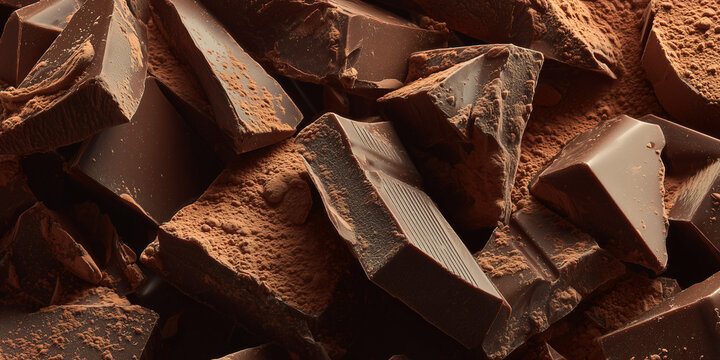 A pile of rich, dark chocolate chunks sprinkled with cocoa powder, ready to be enjoyed. This indulgent treat is perfect for satisfying any sweet craving