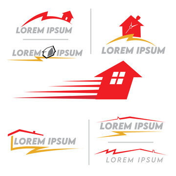 Set of house and home logo templates with lightning bolt and speed elements.