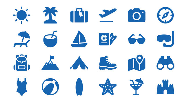Collection of vibrant blue travel and vacation icons representing summer holidays and adventures including luggage sun airplane camera passport and beach gear