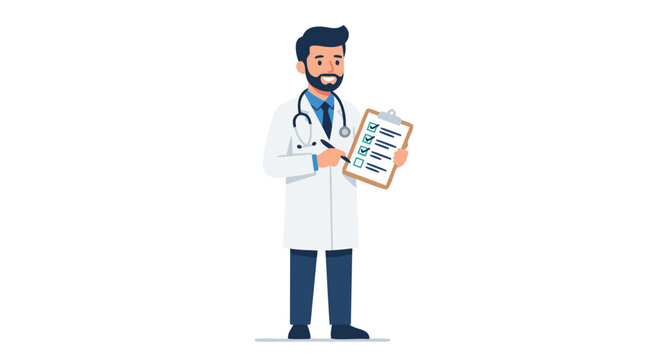 Professional Smiling Male Doctor in White Coat with Stethoscope Around Neck Holding Medical Checklist Clipboard, Healthcare Worker Character, Medical Examination and Diagnosis Flat Vector Illustration