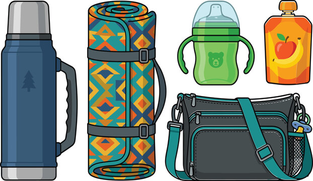 Family picnic and baby travel essentials vector illustration with insulated flask, blanket, diaper bag, and feeding accessories