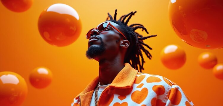 Stylish black man with dreadlocks wears red sunglasses orange jacket. Stands in studio background with floating glossy spheres. Modern afrofuturism art portrait features cool guy looking up in dreamy