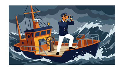 Naklejka premium Captain in navy uniform looking through binoculars on ship deck during storm, navigating rough ocean waves with dark clouds, maritime leadership and seafaring adventure, vector illustration