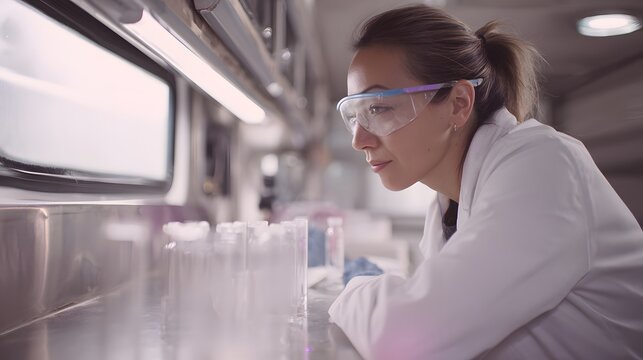 A female scientist, caucasian in a lab coat and safety goggles, analyzing water samples in a mobile ocean lab. Minimalist interior with glass vials, digital instruments, and soft lighting.