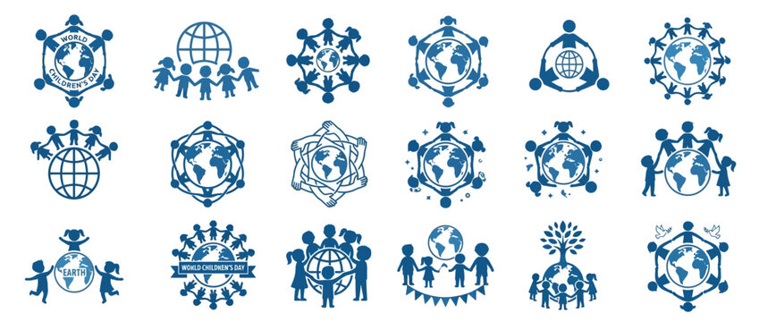 Global Unity Icons: Children Holding Hands Around Earth Globes