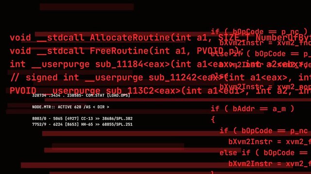 Computer code red programming script scrolling with digital glitch distortions and scanlines on dark black background for cybersecurity data breach visualization.