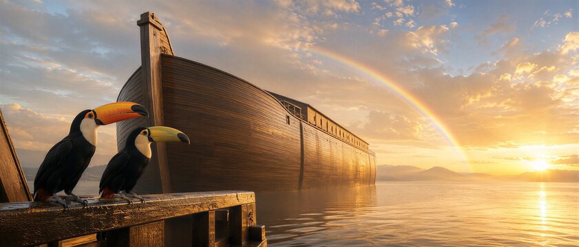Noah ark floating on water with toucan standing on wooden deck at sunrise. Biblical flood story and religious covenant concept. Hope after storm with bright rainbow in cloudy sky.