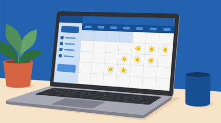Fototapeta premium Minimalist Laptop Computer Showing Calendar Application Grid with Sun Weather Icons on Light Desk Surface, Blue Interface Tones, Modern Office Workspace with Potted Plant and Ceramic Mug, Vector