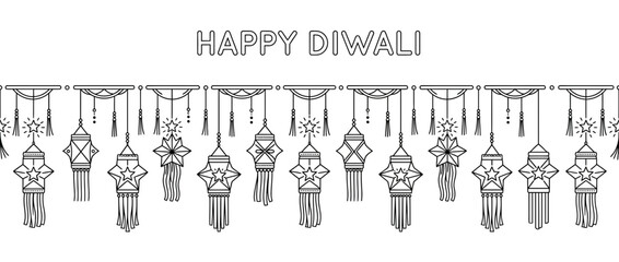 Obraz premium Happy Diwali Lanterns Decorative Garland - Traditional Indian Festival Lights Hand Drawn