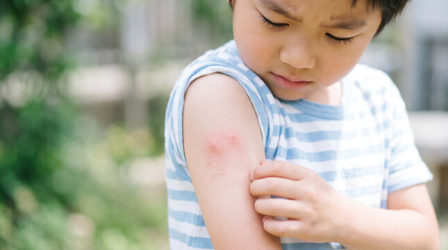 子どもの腕や首にできた虫刺され 肌の赤みや腫れを気にする男の子のイメージ