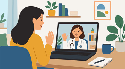 Fototapeta premium Young Woman Having Telemedicine Video Consultation with Friendly Female Doctor on Laptop at Home Office, Digital Healthcare Technology and Remote Medical Advice Concept for Online Health Services