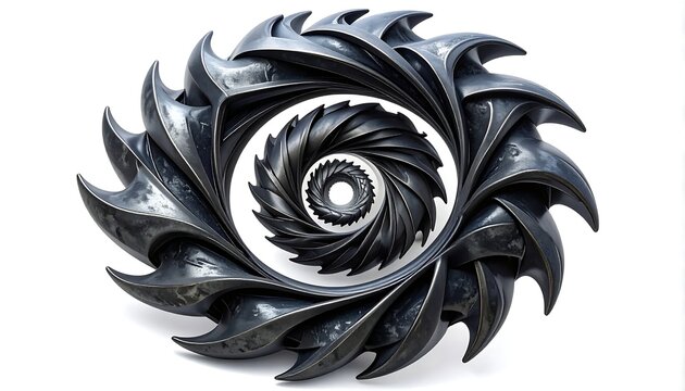 Abstract metallic spiral structure with sharp serrated blades and dark industrial design elements