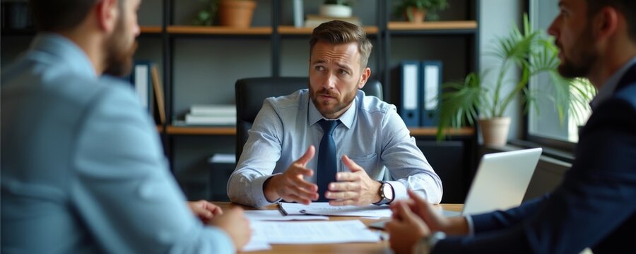 Three businessmen in office discuss important strategy, review documents. One man talks actively, explains idea. Serious discussion in modern workplace setting.