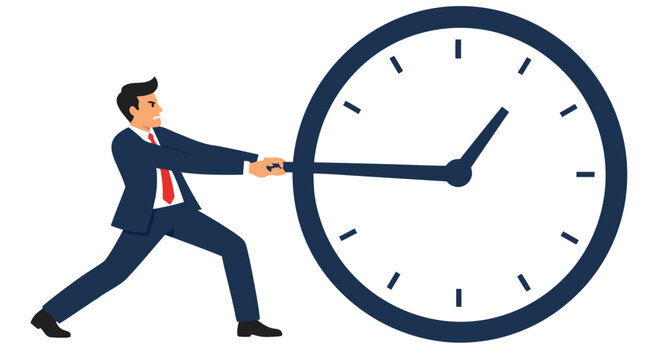 Businessman in blue suit with red tie pulling giant clock hand backwards, flat vector illustration of time management struggle, deadline pressure, corporate stress and fight against time concept