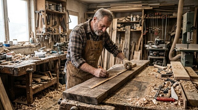 An experienced carpenter measures a weathered timber on a cluttered workshop bench, ideal for promoting skilled trades, custom furniture, and craftsmanship.